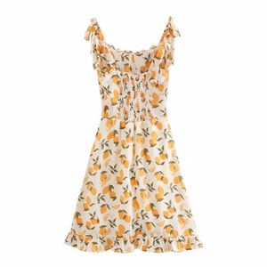 French style Orange Print Women Dress Bodycon Tie Bow Strap Sleeveless Mini Sexy Beach Party Vintage 210429