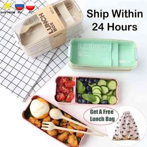 900ml Portable Healthy Material Lunch Box 3 Layer Wheat Straw Bento Boxes Microwave Dinnerware Food Storage Container Foodbox 210818