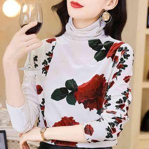 Long Sleeve Turtleneck Velour Blouse Shirt Blouse Women Blusas Mujer De Moda Print Blouse Tops Women Clothing Blusa E88 210426