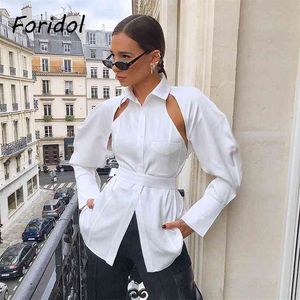 High Fashion White Blouse Shirts Kvinnor Sexig Backless Lace Up Tops Cut Out Streetwear Ladies Harajuku 210427