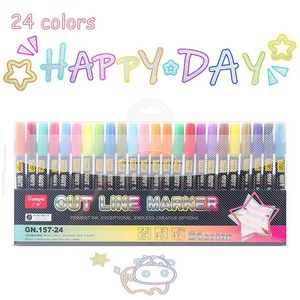 24 Colors Double Line Outline Pens Self-Outline Metallic Art Markers Glitter for Stone Wood, Rubber, Glass Christmas Card 211104