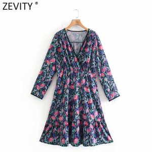 Zevity Women Vintage VネックフローラルプリントサイドジッパーカジュアルAラインドレス女性シックな長袖プリーツ着物vestido DS8153 210603