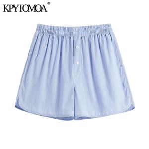 Kvinnor Mode Side Fickor Striped Bermuda Shorts Vintage Hög Elastisk Midja Split Hem Kvinna Kort Byxor Mujer 210416