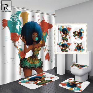 Duş Perdeleri Afrika Kadınlar Ile Kabarcık Baskı Perde Siyah Kız 3D Banyoda Kanca Hooks Mat Set Halı Kilim Ev Dekor