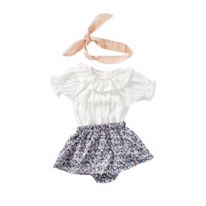 Summer baby Cotton Bubble Sleeves Romper Floral Culottes and Headdress Three-piece children's Jumpsuit 210417