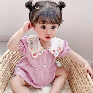 女の子韓国の日本風ジャンプスーツベビーコットン服生まれ刺繍ロンパース夏の幼児カジュアルボディスーツツインアウトフィット210615
