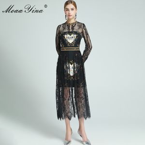 Moda Designer Dress Summer Damska Sukienka Koronka Z Długim Rękawem Frezowanie Print Black Sexy Eleganckie sukienki 210524