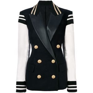 Wysokiej Jakości Est Moda Designer Blazer Damska Skóra Patchwork Double Breasted Classic Varsity Jacket 210930