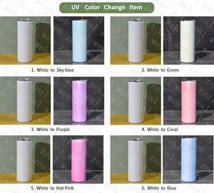 UV Color Change Sublimation 20oz Rak Skinny Tumbler Solljus Ändra Slim Kaffe Kopp Ingen Taper med PP Straw Clear Läcktäcke Lid