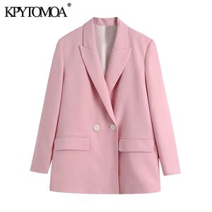 Women Fashion Double Breasted Loose Fitting Blazers Vintage Long Sleeve Pockets Female Outerwear Chic Veste Femme 210416