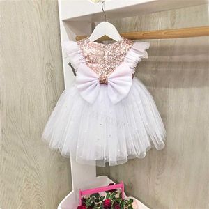 1-6Y Girls Princess Sequins Pearl Lace Tulle Dress Birthday Wedding Party Kids Bowknot Christening Dresses for Children Clothes Q0716