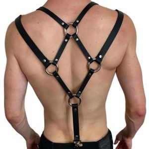 Men Sexy Harajuku Faux Leather Body Chest Harness Suspenders Punk Shoulder Strap K3NF