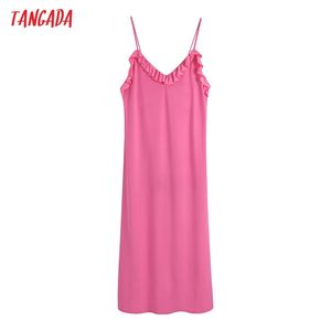 Letnia Moda Kobiety Różowe Ruffles Midi Dress Bez Rękawów Backless Female Casual Sundress CE218 210416