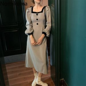 Nomikuma xadrez vestido mulheres contraste cor retalhos quadrados colarinho manga comprida meados vitela vestidos feminino elegante retro vestidos 210514