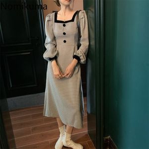 Nomikuma Plaid Dress Women Contrast Color Patchwork Square Collar Long Sleeve Mid Calf Dresses Female Elegant Retro Vestidos 210514