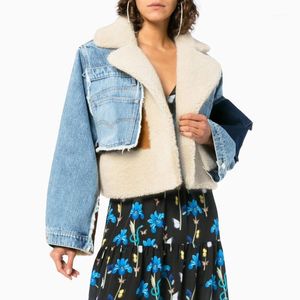 Women's Jackets Johnature Add Wool Cowboy Thick 2021 Spring Lambs Patchwork Fashion Denim Women Coats