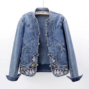 Jaquetas femininas vintage mulheres jaqueta 2022 outono bordado denim lavado jeans azul casaco colarinho colarinho outwear