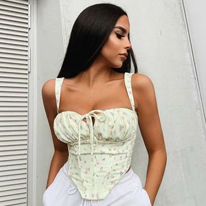 Blommor Korsett Kvinnor Söt Skriv ut Hollow upp Tie Up Sexig Crop Top Summer Ärmlös Ruched Boning Bustier Casual Tank Top 210527