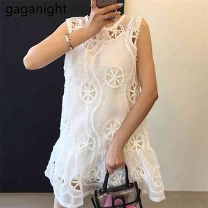 Summer Embroidery White Party Dresses Women Floral Crochet Hollow Out Mini Dress Sleeveless Casual Beach Sundress 210601