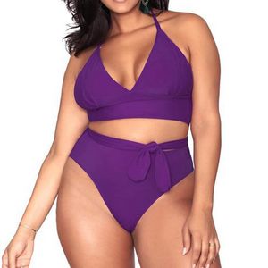 High Waist Bikini Set Halter Bathing Suit Woman Swimsuit Female Plus Size 3XL Solid Purple Bandage Swimwear Women 210520