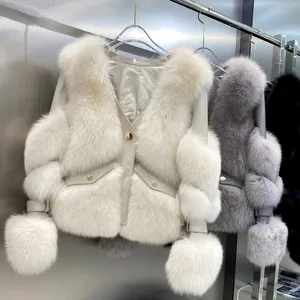 종종 벨트 코트 진짜 천연 여우 모피 커프스 칼라 분리 가능한 스트리트웨어 기관차와 함께 새로운 정품 가죽 겨울 여성 재킷