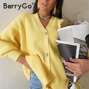 BerryGo Cardigan kimono lavorato a maglia con scollo a V casual Donna Autunno inverno Pulsante manica lanterna Cardigan femminile Maglioni streetwear 211120