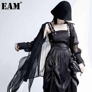 [Eam] Mulheres Black Ruffle Strapless Vestido Plissado Pescoço Neck Sem Mangas Loose Fit Moda Primavera Verão 1D7547 210512