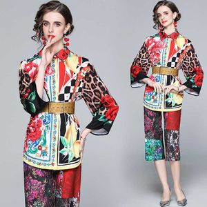 Primavera verão moda temperamento mulheres soltas casuais impressas camisa tops + calças na moda sets de duas peças 210531