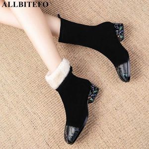 AllbiteFo Color Diamond Heel Sheepskin + PU Grube Obcasy Zimowe Kobiety Buty Pluszowe Wewnątrz Snow Women Shoes High Heels Botki 210611