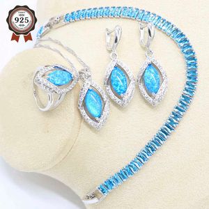 Mavi Yangın Opal Küpe Kolye Kolye Yüzük Gümüş Renk Kadınlar Için Set Işık Mavi Kristal Bilezik Hediye H1022