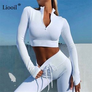 LIOOIL Sexy Dwuczęściowe ciasne zestaw Kobiety Tracksuit Zip Up Crop Tops and Długie Spodnie Sznurek Czarny White Stule Setfits Set Y0625