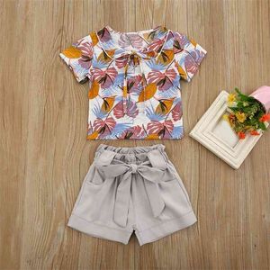 Summer Suit Girl Sets Leaf Pattern Top+ Shorts 2Pcs Kid Clothes Children's Clothing Girls 210528