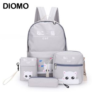 Diomo 4pcs /セットラップトップスクールバックパックの女の子男の子ティーンエイジャー女性バッグパックサックA Dos Femmeかわいい猫オックスフォードサッチェルキッズ210809