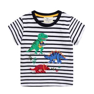 Atlama Metre Dinozorlar Nakış Pamuk Yaz Erkek Tops Moda Şerit Hayvanlar Bebek T Shirt Çocuk Tees Giyim 210529