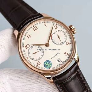 Luxury Klockor 500701 Portugieser 42.3mm Rose Gold 52010 Automatiska Mens Watch Sapphire Crystal White Dial Leather Strap Gents Wristwatches