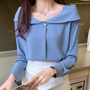 Koreanska Chiffon Kvinnor Blusar Långärmade T-shirts Kvinna Slash Neck Blus Damer Blå Toppar Plus Storlek Beading Shirt Top 210604