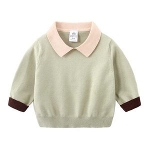 Spring Autumn Winter 2 3-10 Years Knitted Solid Color Patchwork School Student Turn-Down Collar Sweaters For Baby Kids Boys 210529