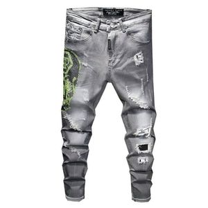 Tattered Cat Beard Jeans Herren Slim Washed Grey Rhinestone Tight Stretch Herrenhose