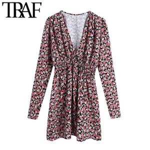 Women Chic Fashion Floral Print Pleated Mini Dress Vintage Long Sleeve Elastic Waist Female Dresses Vestidos Mujer 210507