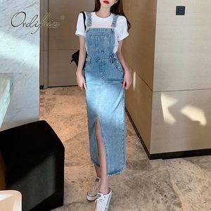 Jesień Letnie Kobiety Denim Spaghetti Pasek Ogólne Casual Blue Long Cajt Dress 210415