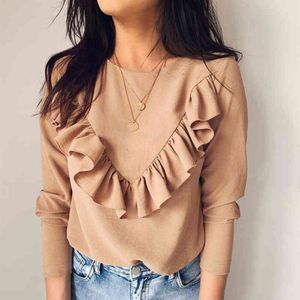 Long Sleeve Elegant Women Blouses Lady Office Work Ruffles O-Neck Khaki Shirts Tops White Black Autumn Winter Blusas 210518