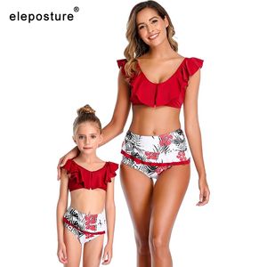 Sexig Bikini Kvinnor Baddräkt Ruffle Hög midja Badkläder Print Set Mamma Dotter Baddräkter Mamma och Mig Badkläder 210521