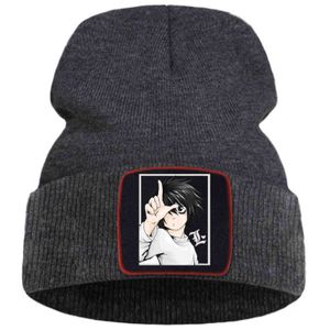 Japonia Anime Death Uwaga Beanie kapelusze Zima Bawełna Ciepła Czapka Czapka Solidna Kolor Hip Hop Dziurki Czapki Unisex Casual Skullies Hat Y21111