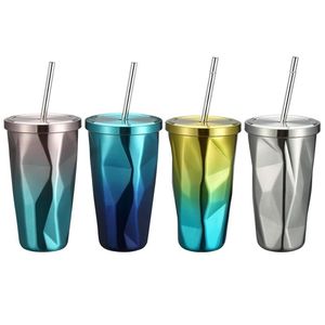 Mugs 304 Stainless Steel Double-layer Straw Cup Irregular Shape Vacuum Creative Gradient Color Coffee Car Ice Water