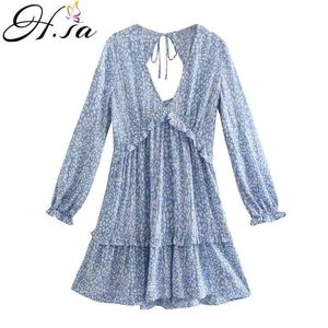 H.SA Summer Robe Long Sleeve Floral Party Ruffles Vestidos Backless Hollow Out Blue Cake Cute Dress Streetwear Korean 210417