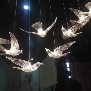 Flying Birds Acrylic Glass Hanging Pendant Lamp for Hotel Restaurant Lobby Ceiling Art Decoration Chandelier Lighting Customized