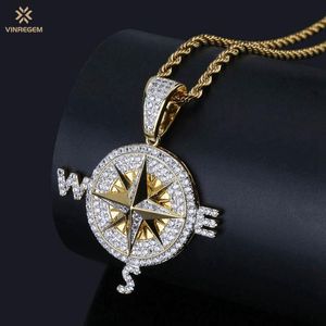 チェーンVinregem Hip Hop Rock 925スターリングシルバーコンパス形状を作成Moissanite Gemstone Partyペンダントネックレスファインジュエリーギフト