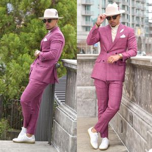 Smart Fashion Pink Check Dostosowane Męskie Ślub Smokciany Groom Nosić formalny obiad Party Party Blazer Garnitury (kurtka + spodnie)