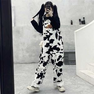 Street Hip-hop Harajuku Girl Cow Print Oneies For Women Black White Plaid Overalls Casual Jumpsuit Trousers Baggy Pants 211202