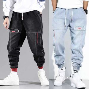 Fashion Loose Men Jeans Elastic Waist Blue Washed Casual Trousers Outdoor Street Style Smart Cargo Pants Big Size Harem Jeans X0621